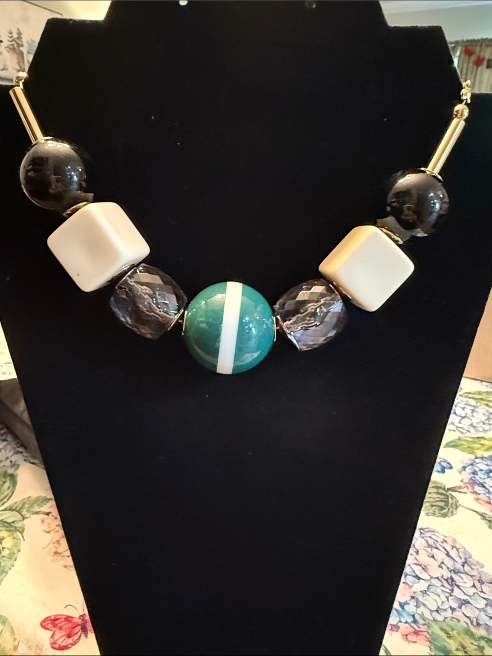 H&M Teal and White Center-Stripe Statement Necklace